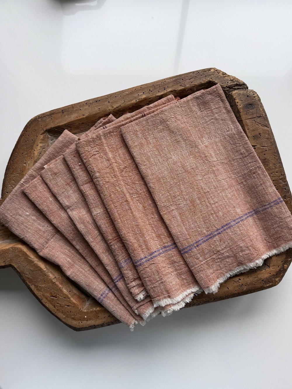 Set of 6 Linen Napkins | Terracotta with Blue Stripe | French Country Table